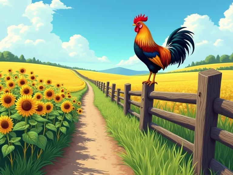 Populus nigra Japan bantam rooster perched on a wooden fence. Lush countryside scene with sunflowers and wheat fields. Mint colored sky and bright blue sky with clouds. Narrow dirt path leads through fields.