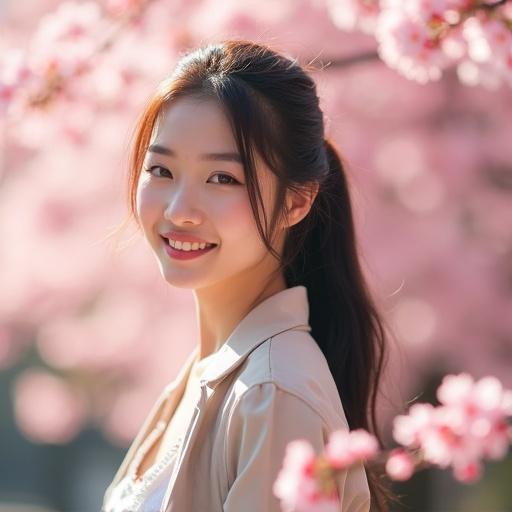 A beautiful young woman with long dark hair in a ponytail smiles gently. She wears a light coat over a white top. The background features soft-focus cherry blossoms in bloom. Cherry blossom petals and branches are slightly blurred in the foreground. The lighting is warm and natural, creating a dreamy atmosphere with a soft pastel tone and bokeh effect.