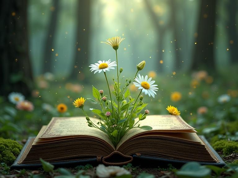 Hyperrealistic image with an open antique book in the center. Dark leather covers with gold details. Flowers sprouting from the book. Enchanted forest in the background with glowing moss. Dreamlike atmosphere with luminous particles. Neutral center space for potential integration of a person.