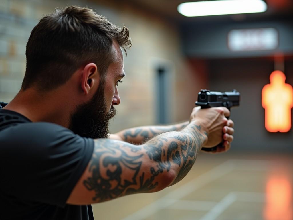 This image features a man holding a Glock 19, aiming down range at a shooting target in an indoor shooting range. The man has a focused expression, with a neatly groomed beard and tattoos adorning his arms. The setting is dimly lit, highlighting both the shooter and the target. The silhouette of the target is slightly illuminated in the background, enhancing the sense of action. This scene captures a moment of concentration and precision in firearm handling.