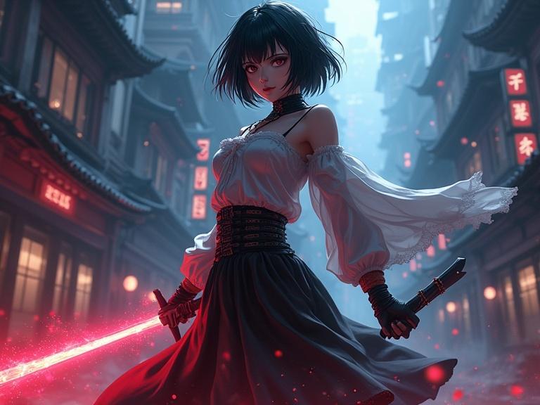 Female sorceress in a dynamic action pose. Wearing hot pants and a flowing blouse. Holding a glowing sword. Set in a dark cyberpunk city. Full-body view with cinematic lighting. Background features neon signs and shadowy alleyways.