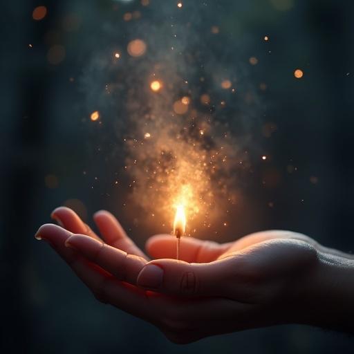 A small magical light held in an open hand. The light creates a warm glow and is surrounded by sparkles and dust. The background is softly blurred to enhance focus on the flame.