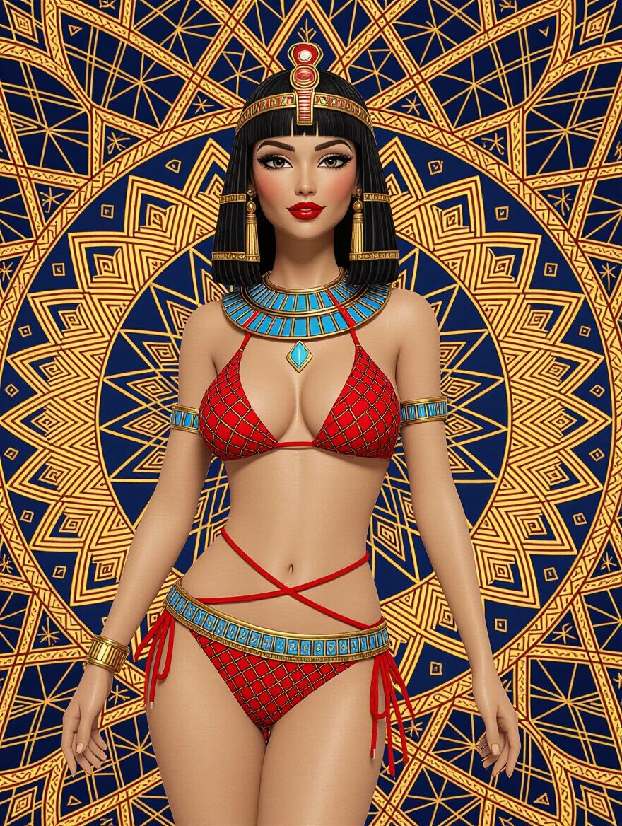 Stylized representation of Cleopatra in a 3D bikini. Vibrant red colors with intricate patterns. Background features a zentangle design. High-resolution artwork with meticulous details.