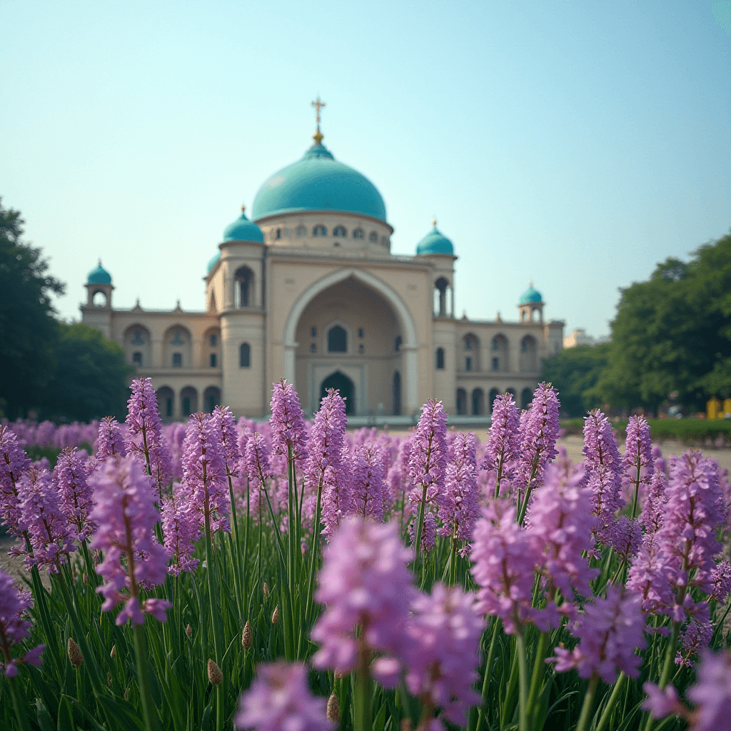 The image showcases a stunning architectural structure with a prominent large teal dome in the background, reminiscent of classical or religious architecture. The building features symmetrical arches and smaller domes that complement the grand central dome. In the foreground, there is a lush field of vibrant purple hyacinths, which add a pop of color and life to the scene. The flowers are in sharp focus, creating a beautiful contrast to the gently blurred image of the building behind them. This creates a serene and picturesque landscape, with clear blue skies enhancing the overall tranquility of the setting.