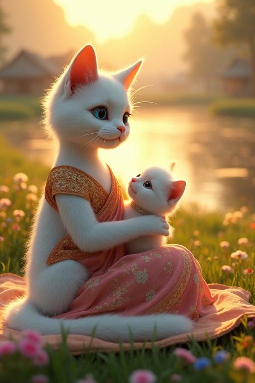 Scene set at a tranquil village riverbank during sunrise. Golden light reflects on calm water. Lush green meadow surrounds the river with vibrant flowers in pink, yellow, and blue. A white Chinese cat in a colorful saree holds a tiny, white kitten in a kurta. Hyper-realistic with detailed fur textures and warm nostalgic vibes.