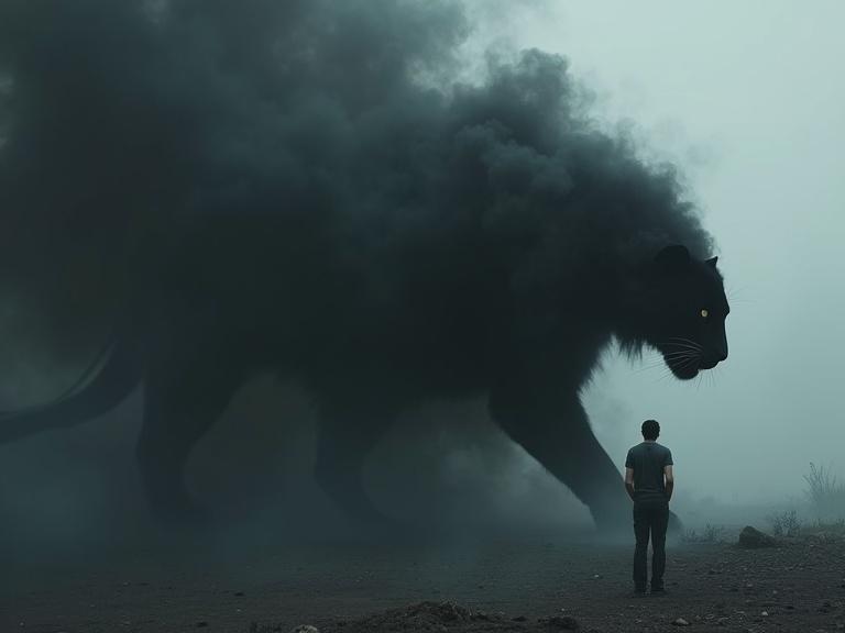 A small man stands in front of a big black panther that comes out of dense black smoke. It is a fantasy scene with particle effects and side view perspective. The artwork is visually stunning and has cinematic qualities.
