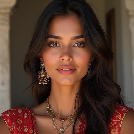 Generate a hyper realistic selfie of an Indian girl. Show her wearing traditional ethnic attire in a front-facing portrait. Include intricate jewelry and soft, natural lighting to highlight her features. Focus on the vibrant colors of the clothing.