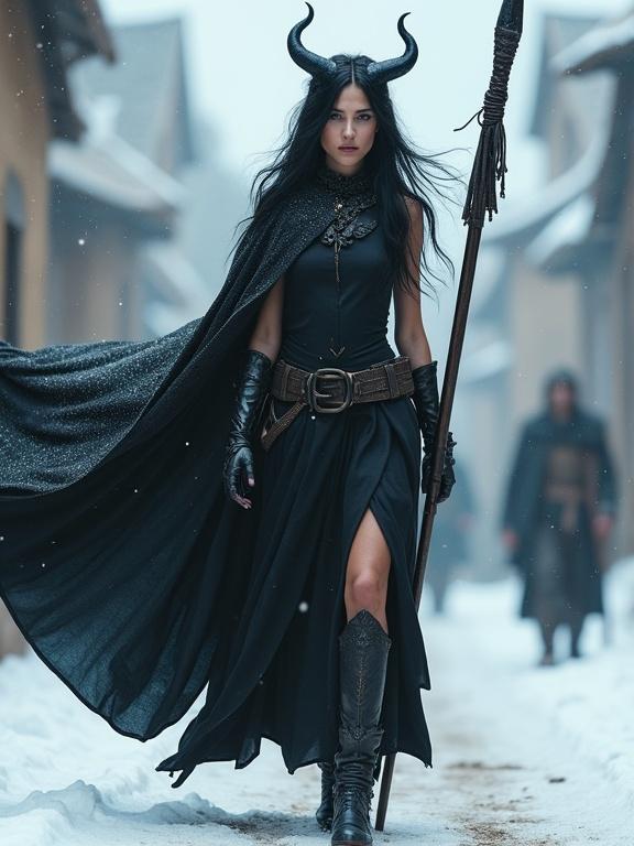 A beautiful young devil woman with athletic body walks through a snowy medieval town. She has long black hair and curled horns under her hair. Her skin is azure and her eyes are amber. She wears a sleeveless black dress with split skirt over traveling boots. A heavy black cape drapes over her shoulders. She carries a long heavy lance wrapped in thick black cloth.