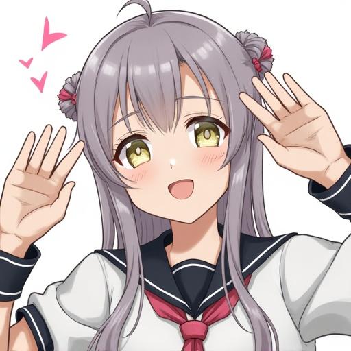 Portrait of a Japanese girl with a light-hearted expression. She wears a sailor uniform and shows a cheerful demeanor. Hands raised in an inviting pose with hearts floating nearby.