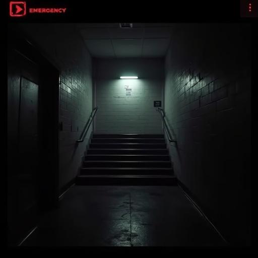 Stairwell leading to dark space. Emergency icon visible. Disturbing atmosphere created by low lighting. VHS glitch effects suggesting a retro CRT look. Minimal design contributes to unease. Evokes feelings of tension.