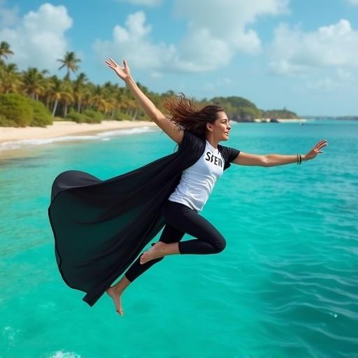 Spanish daycare teacher jumps gracefully over Caribbean Sea. She wears a vibrant black cape and a white shirt with SFENJ in black. Turquoise sea sparkles under the sun with palm-fringed coastlines.