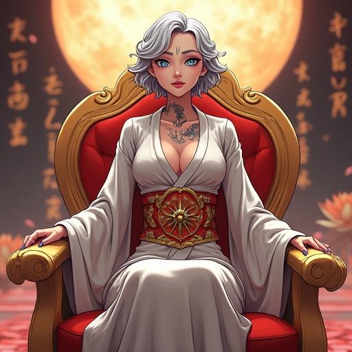 Anime portrayal of a futuristic woman representing a queen. 82 years old, frosted blue eyes, beautiful face, short grey wavy hair. Aged appearance with features and colorful tattoos. Wears a royal kimono, has a double belly button ring. Sits in a grand throne room adorned with cherry blossoms. Depicts a blend of traditional and futuristic design elements.