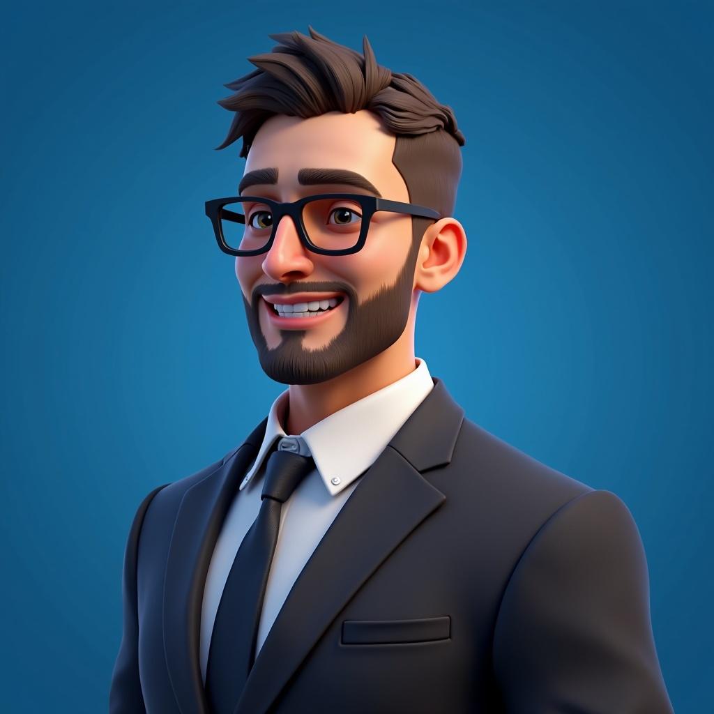 man with glasses wearing a suit and tie on a blue background, digital character, suitable for professional use, personal avatar, upper body view, digital art representation.