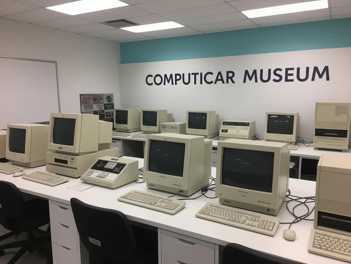 A display of various vintage computers in a museum setting. The room is bright with a clean design. Computers are placed on tables, showcasing their original designs.