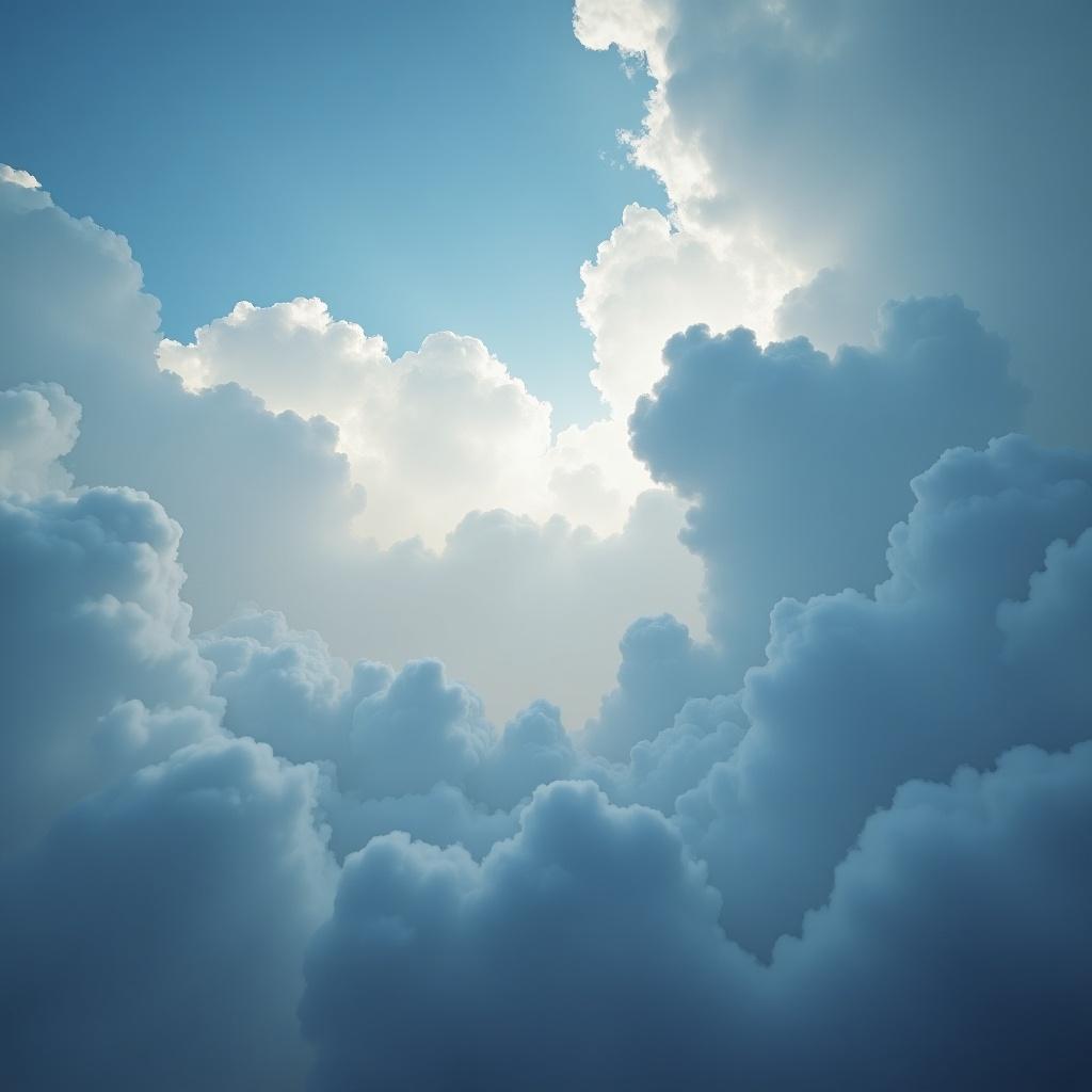 Darkish light blue sky with fluffy clouds. Light enhances the clouds. Atmospheric and serene scene.