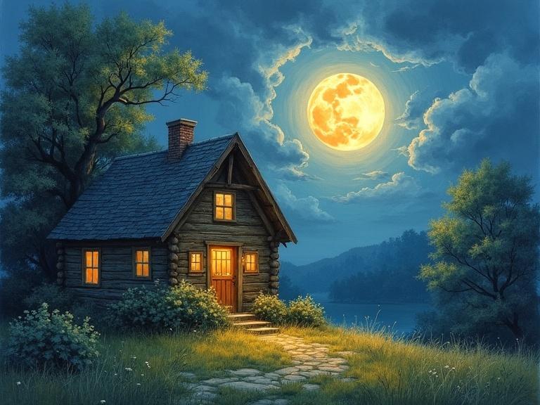 Wooden cottage glowing under a large full moon. Post-impressionist romantic landscape style. Watercolor mist combined with oil brushstrokes on foliage. Evokes a peaceful and contemplative mood.