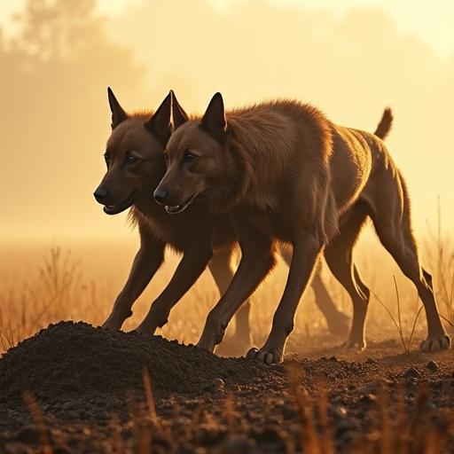 Create hyper-realistic image of two dogs in a ploughed field. Dogs have expressive faces and detailed fur. The setting is a golden field in morning light with soft mist. The dogs are energetically interacting with the environment.