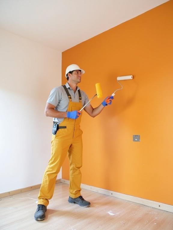 Painter worker using a roller to paint a white wall orange. Worker wears hard hat and gloves. Paint roller and tools visible. Bright interior space under construction.