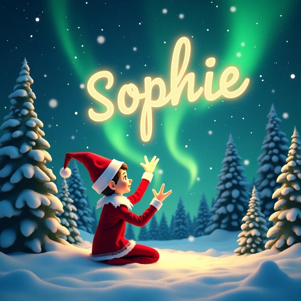 An enchanting winter scene features a playful elf on the shelf character sitting in the snow. The elf is dressed in a festive costume and is joyfully writing the name 'Sophie' in the sky using a magical light. Above, the vibrant greens of the northern lights illuminate the night sky, adding to the magical ambiance. Snow-covered pine trees surround the elf, enhancing the wintry atmosphere of this festive scene. This image captures the essence of Christmas and the joy of childhood imagination.