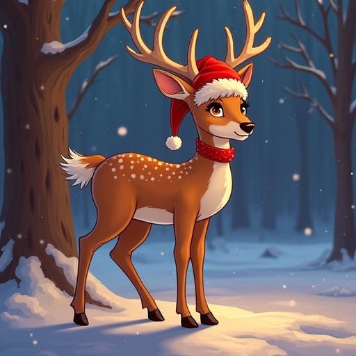 Festive deer girl character in a winter forest scene. Character wears a Santa hat with decorations. Snow falling in the background. Magical and cheerful atmosphere.