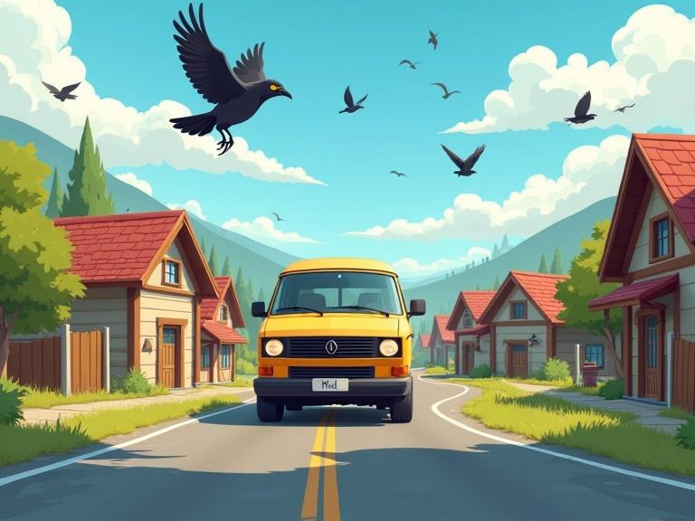A cartoon style scene depicting a yellow van driving in a circle around a village. Wooden houses are seen along the road. Crows are flying above the houses. The van is trying to avoid another car coming in the opposite direction.