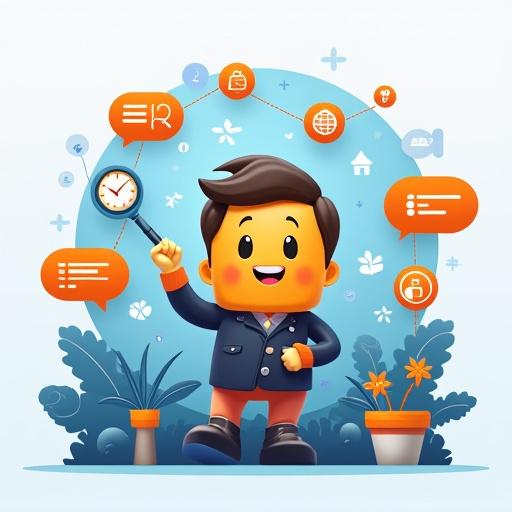 Cartoon character representing a sales consultant. The character holds a magnifying glass and smiles. Background includes business icons. Colorful and inviting visual design.