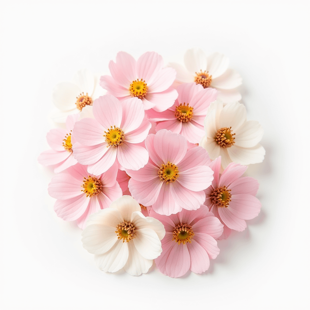 A cluster of delicate pink and white cosmos flowers with vibrant yellow centers against a pure white background.