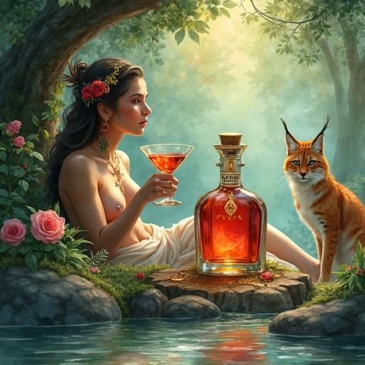 Watercolor painting of a woodland goddess with delicate tattoos. Goddess reclining in a hidden grotto. She offers a toast with a glass. Surrounded by lush foliage and a crystal-clear stream. Apothecary-style bottle with reddish elixir on a mossy stone. Bottle with golden-reddish glow and cork lid. Elegant hang tag with name Alfruno. Identical cocktail glass nearby filled with same liquid. Accents of roses and rosemary. A lynx is present. Soft watercolor style with tranquility and magic.