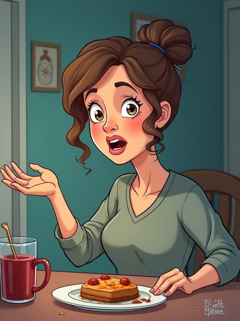 A cartoon image shows a shocked lady at a dining table. She has a plate of pancakes in front of her. The setting is cozy. She appears worried about a situation in the home. Her body language indicates surprise and concern.