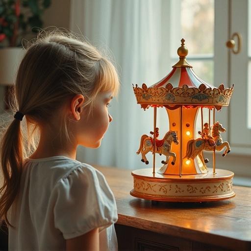 A girl admires a musical wind-up toy carousel on a table. The carousel features horses and dolls. The atmosphere conveys childhood nostalgia. Colors are soft and vivid. Appearance resembles a watercolor painting.