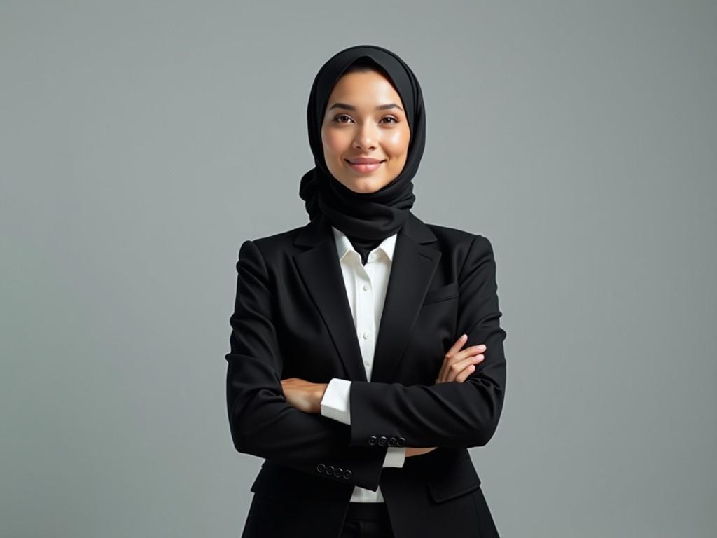 The image features a professional woman wearing a smart black suit with a white shirt underneath. She has her arms crossed confidently. To enhance her professional appearance, an elegant and simple hijab headscarf has been added, complementing her attire. The overall aesthetic radiates competence and sophistication. The background is a subtle gradient that keeps the focus on her.