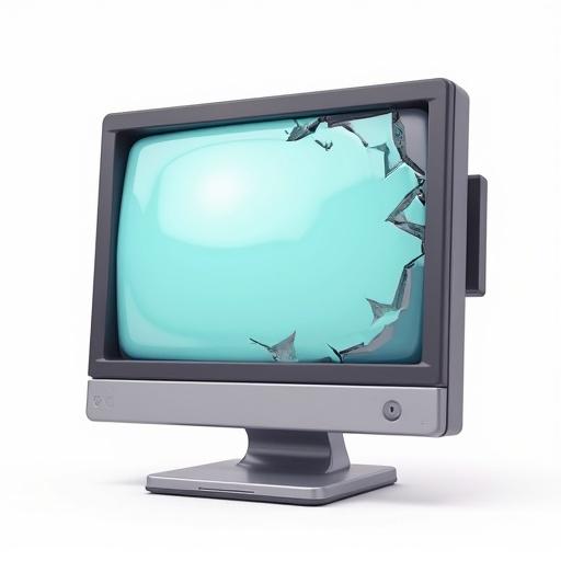 A broken computer in three-dimensional cartoon style against a clean white background.
