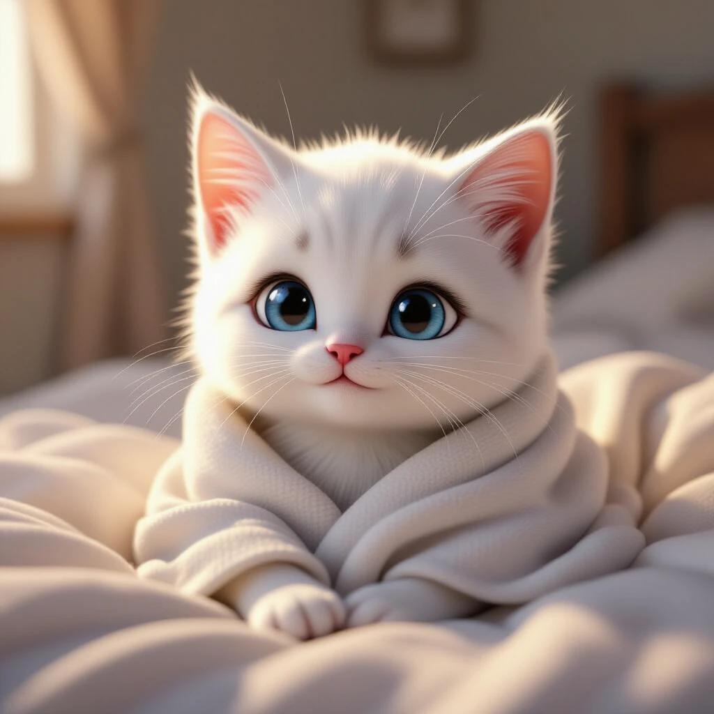 A 3D animated white kitten sits on a bed. Kitten has soft white fur. Big blue eyes blink slowly. The atmosphere is cozy and warm. The kitten is wrapped in a white towel. Soft natural light fills the background. Kitten appears calm and peaceful. High detail shows realistic features.