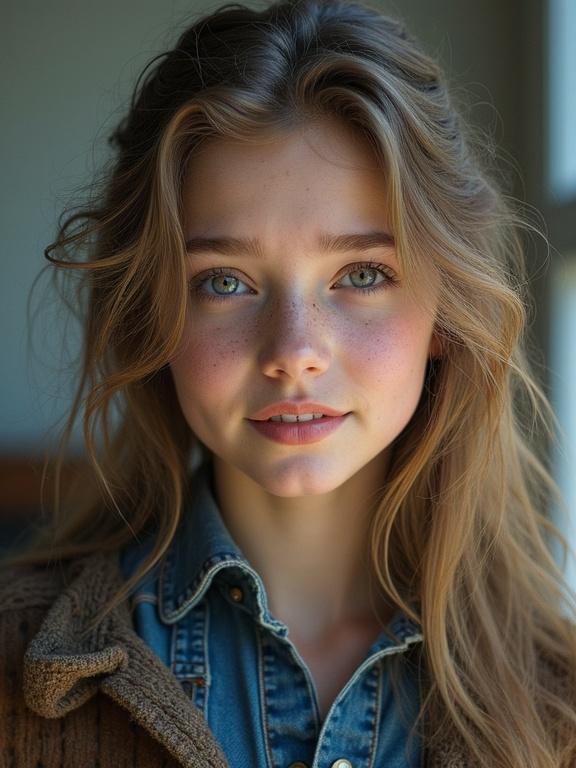 Create an image with a stylish individual wearing a denim jacket and looking softly at the camera. The background should be slightly blurred to focus on the subject's hair and outfit.