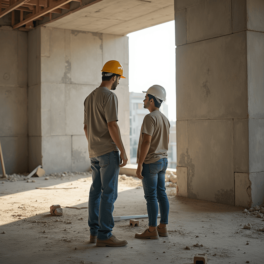 Two construction workers in hard hats engage in a discussion inside a building under construction, surrounded by concrete walls and a debris-strewn floor.