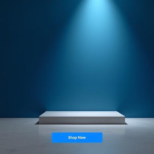 Sleek modern background design for promotional use. Smooth matte grey surface in foreground. Deep blue background with subtle gradient. Even studio-quality lighting. Clean high-end aesthetic with soft shadows. No objects displayed. Space clear for product images and text. Top section reserved for bold, white sans-serif text. Center for product placement. Bottom for blue button with white text saying 'Shop Now'. Balanced layout.