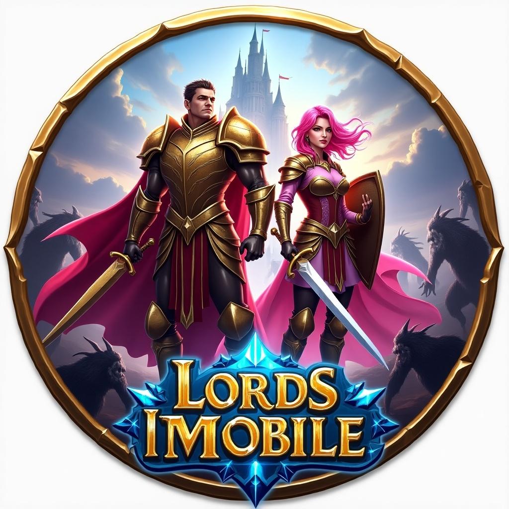 The image is a circular badge inspired by the mobile game Lords Mobile. It showcases two central heroes: Oath Keeper in majestic golden armor with a large sword, and Rose Knight wearing pink floral armor, holding a sword and shield. The background includes a dynamic battlefield with a castle and monsters to enhance the fantasy theme. The Lords Mobile logo sits elegantly at the bottom in metallic colors. The design is vibrant with a focus on gold, pink, and blue tones, ensuring a striking visual even in a small diameter. Dimensions and color modes are optimized for printing.