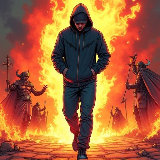 Comic-style illustration of a rapper stepping out of flames. Baggy jeans, skate shoes, hoodie with hood up, superhero costume with urban flair. Hands in pockets. Background shows fighting mythological gods in chaos. Bold outlines, dramatic red and orange lighting.
