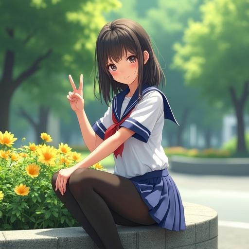 Hyper-realistic photo-style image of a Japanese high school girl sitting on the stone edge of a flowerbed in a park. She wears a traditional sailor-style school uniform and black tights. Under summer sunlight, her tights shine. She looks gently toward the viewer with a soft smile and makes a peace sign. The background shows a lush park with realistic lighting.