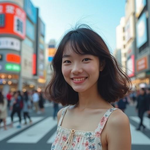 Artistic photo of a young woman in Shibuya. She wears a light floral dress. The background is a busy street scene with many people.