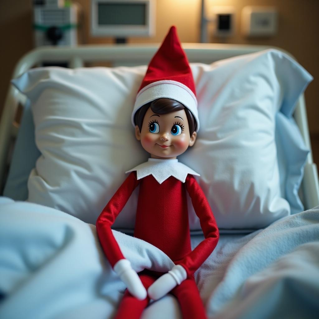 An elf on the shelf with brown skin sitting in a hospital bed with a red outfit and a festive elf hat. Soft lighting and medical equipment visible in the background.