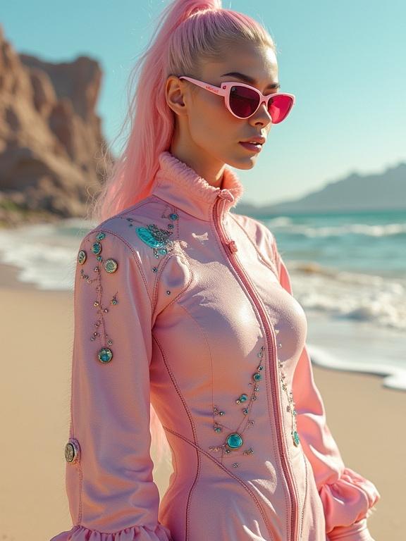 Fashion scene on the beach. Model wears a pink outfit with embellishments. Pastel colors dominate the image. Soft natural lighting enhances the scenery. Dreamy glow creates a tranquil atmosphere. The background features a beach landscape with gentle waves. Intricate details and textures showcased in the outfit.