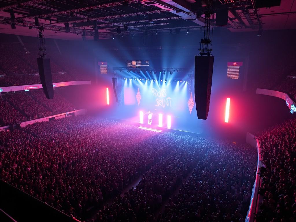 This image captures a live concert experience with an expansive crowd. The stage is illuminated with vibrant lights in shades of purple, blue, and pink, adding a dynamic atmosphere to the venue. An artist can be seen performing at the center of the stage, creating an engaging moment for the audience. The spectators in the foreground and background are densely packed, illustrating the excitement of the event. The overall scene showcases the essence of live music and entertainment in a large arena.