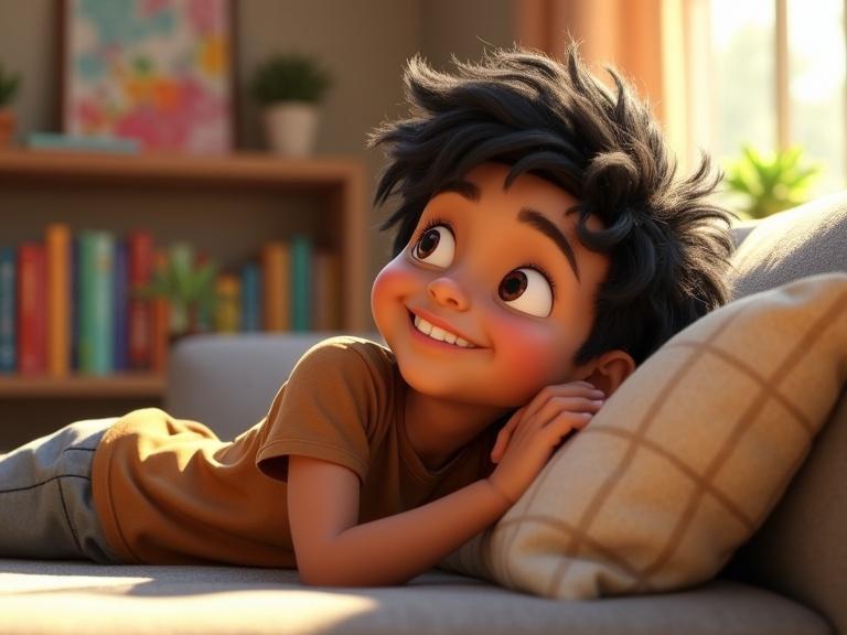 A young boy with curly messy black hair lays against a gray couch pillow. He has a bright smile. He wears a brown shirt and gray shorts. Sunlight brightens a cozy living room decorated with colorful artwork and shelves with books.