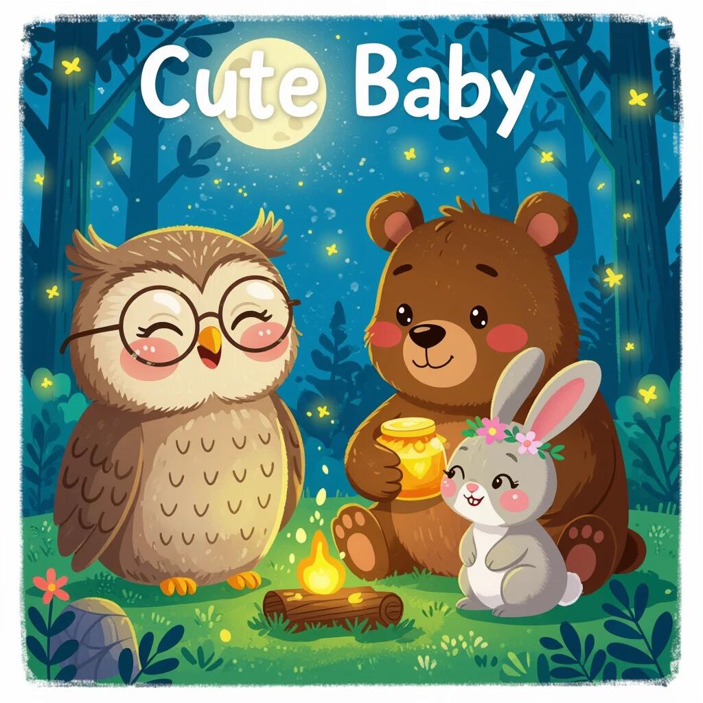 Illustration of a cute baby laughing surrounded by friendly animals in a moonlit forest. The owl wears tiny glasses. The bear holds a honey jar. The rabbit wears a flower crown. The setting includes a warm campfire and fireflies lighting up the scene.