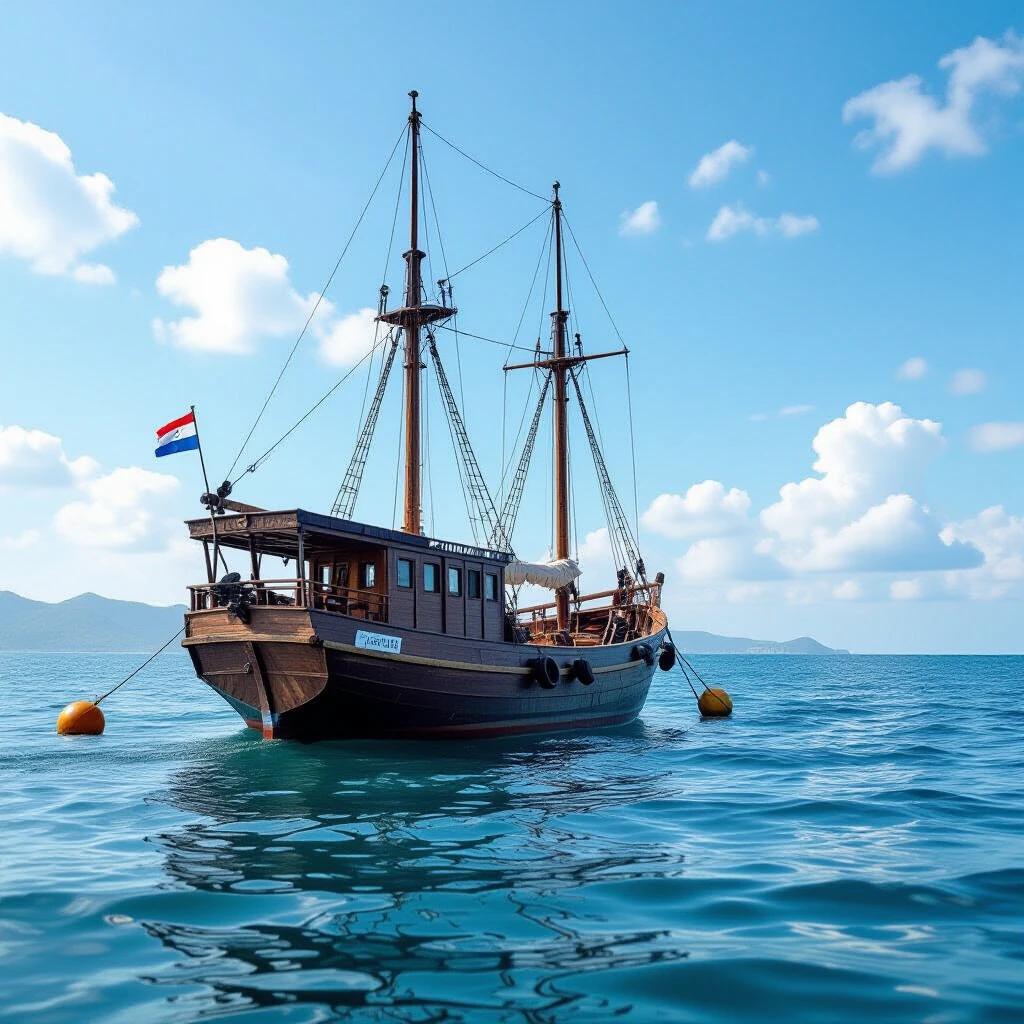 A ship is anchored at sea in clear blue water. The ship has masts and sails with a flag. Bright sunny day with fluffy clouds in the background.