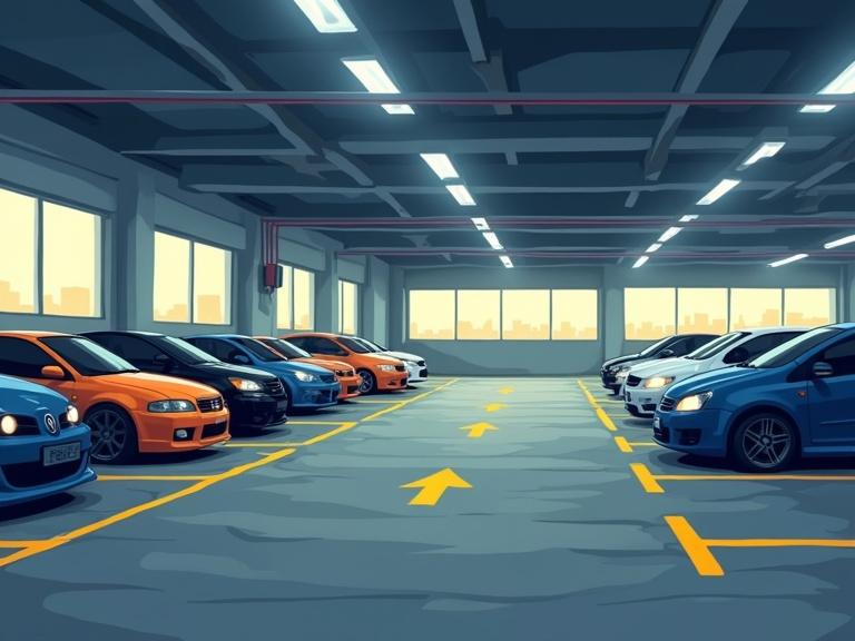 Cinematic illustration of a parking garage featuring various cars parked along the left wall. Cars in blue, orange, white, and black in spaces defined by yellow lines. Cool gray concrete floor and ceiling illuminated with white lights, natural light casting a warm glow. Light gray walls with glass panels reflecting blue tones. Yellow arrows indicating traffic flow. Semi-realistic cartoon style with clean lines.