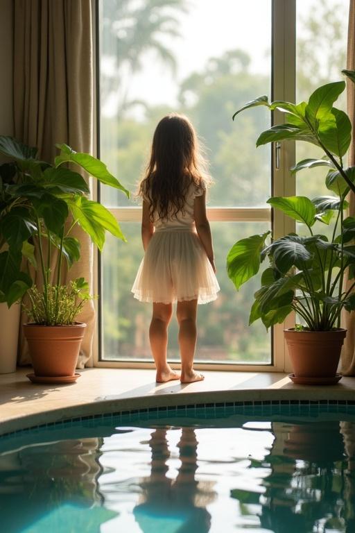 Girl stands by a window in a cozy room. She gazes outside. The setting features lush indoor plants and large windows. Natural light filters through. The girl wears a swimsuit.