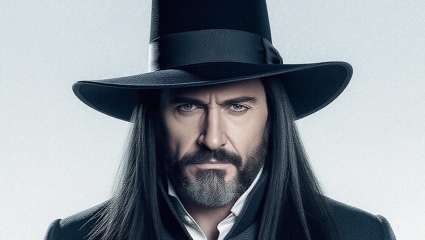 A dark and intense character portrait of a vampire hunter. Man wearing a large black hat with long dark hair. Strong facial expression with a focused gaze. Mood is serious and mysterious.
