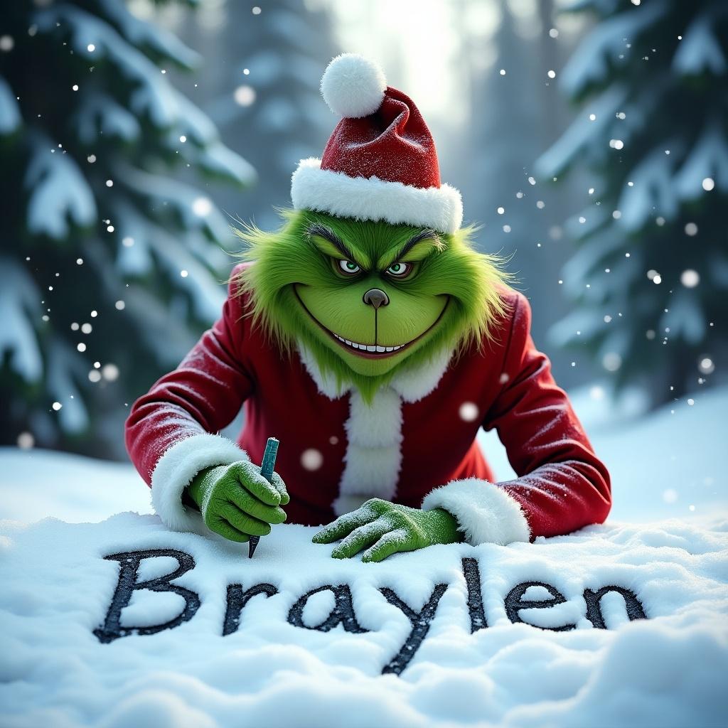 Grinch in traditional suit writing in snow with a smile. Snow falling around him. Name 'Braylen' inscribed in snow. Surrounded by tall snow-covered trees. Festive atmosphere.